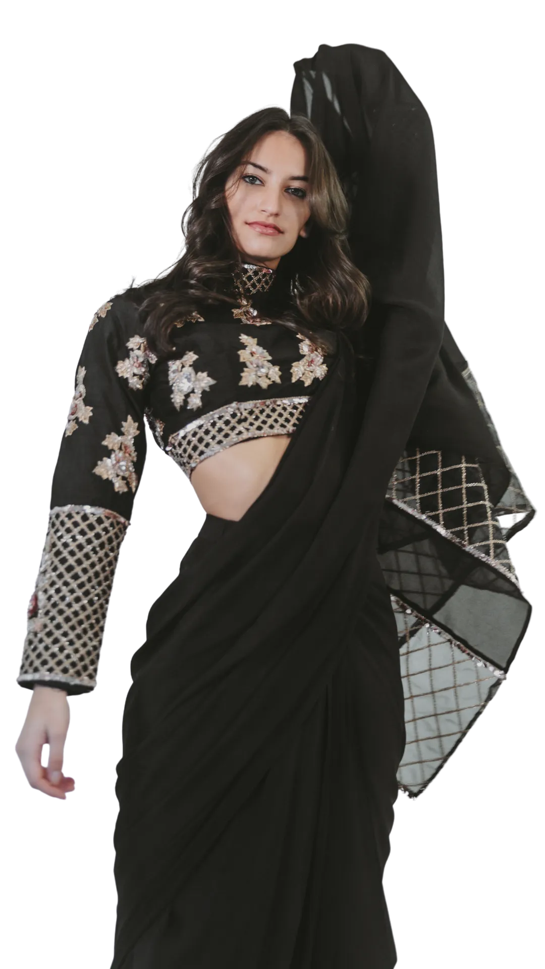 Rose Gold Beaded & Navy Pre-Draped Sari