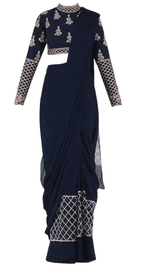 Rose Gold Beaded & Navy Pre-Draped Sari