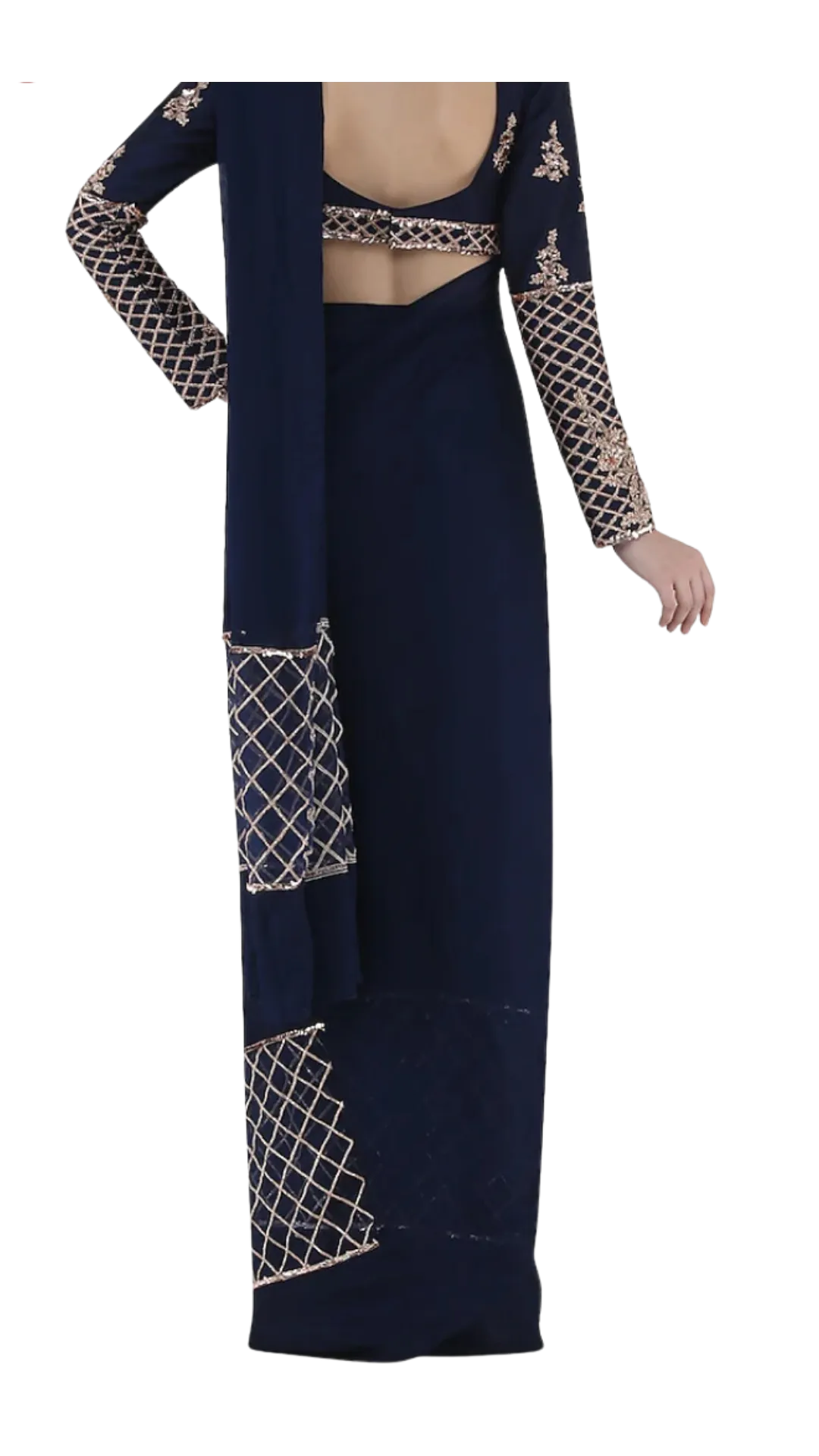 Rose Gold Beaded & Navy Pre-Draped Sari
