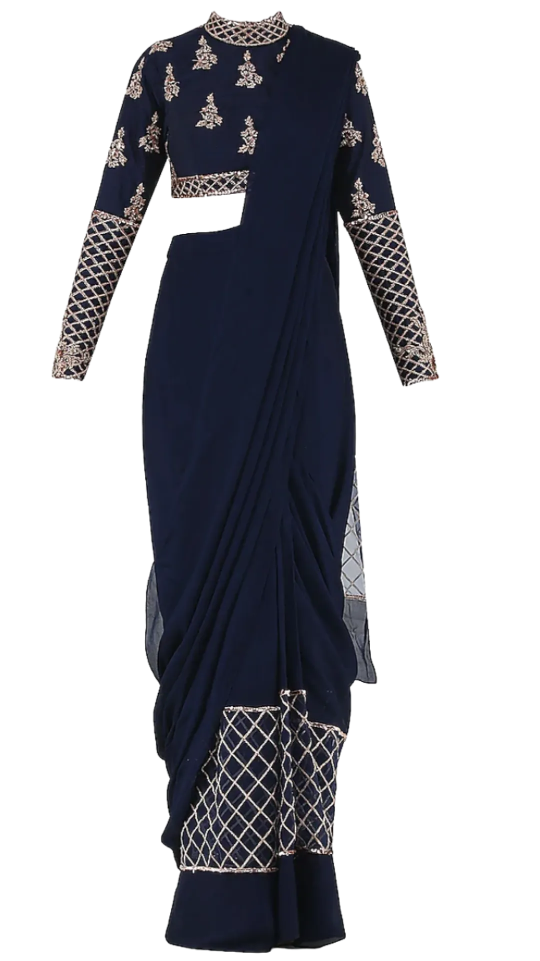 Rose Gold Beaded & Navy Pre-Draped Sari