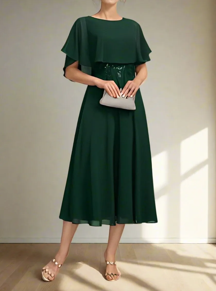 Round Neck A-Line Dark Green Short Sleeves Mother of The Bride Dresses