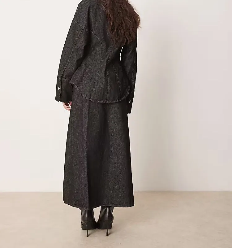 Round neck denim top   one piece denim midi skirt suit