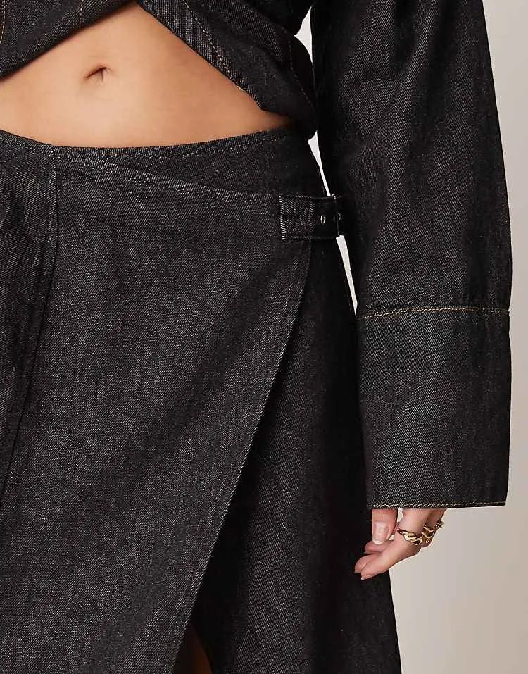 Round neck denim top   one piece denim midi skirt suit