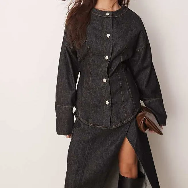 Round neck denim top   one piece denim midi skirt suit