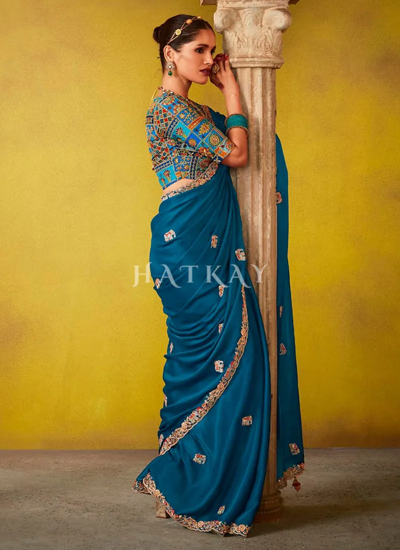 Royal Blue Multi Embroidery Silk Saree