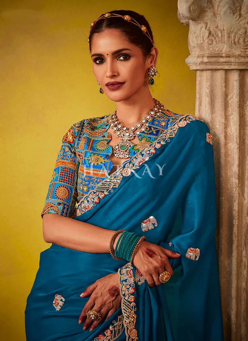Royal Blue Multi Embroidery Silk Saree