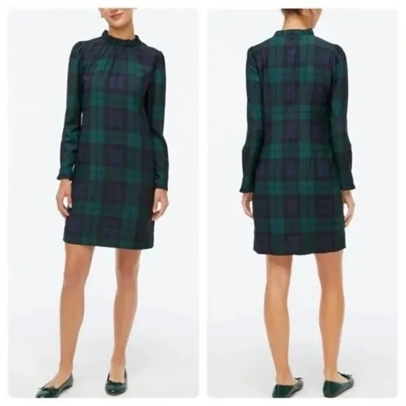 Ruffle neck shift dress in Black Watch plaid