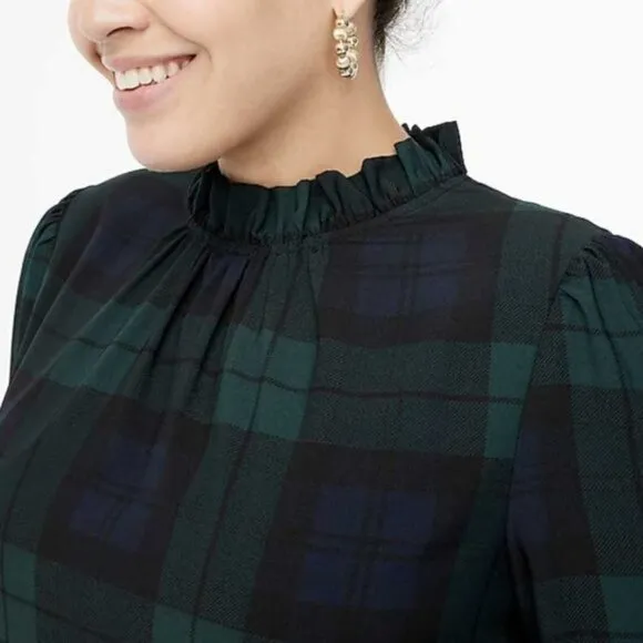 Ruffle neck shift dress in Black Watch plaid
