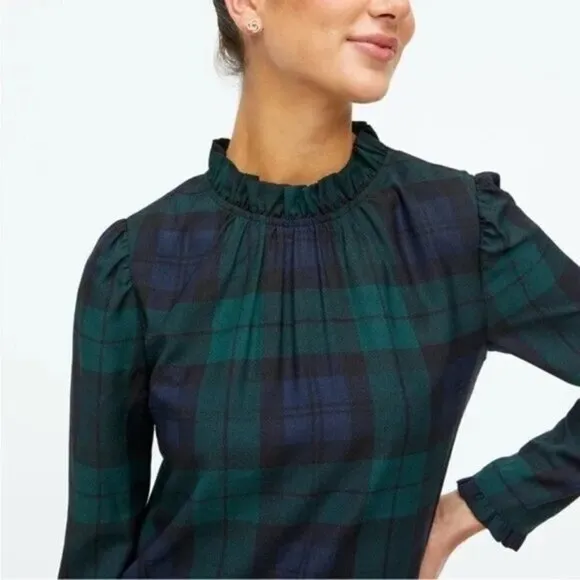 Ruffle neck shift dress in Black Watch plaid