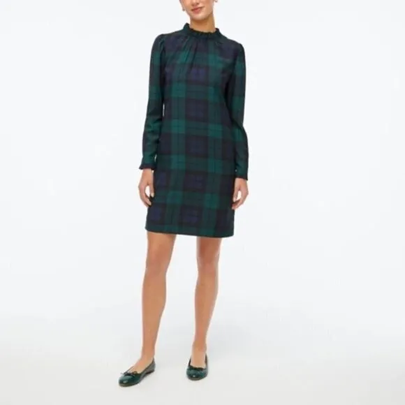 Ruffle neck shift dress in Black Watch plaid