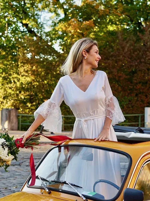 Satin A-line V-neck V Back 3/4 Sleeves Boho Wedding Dress with Lace,MW432