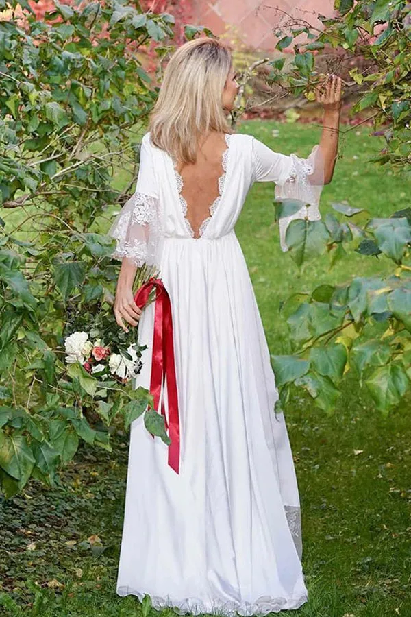Satin A-line V-neck V Back 3/4 Sleeves Boho Wedding Dress with Lace,MW432