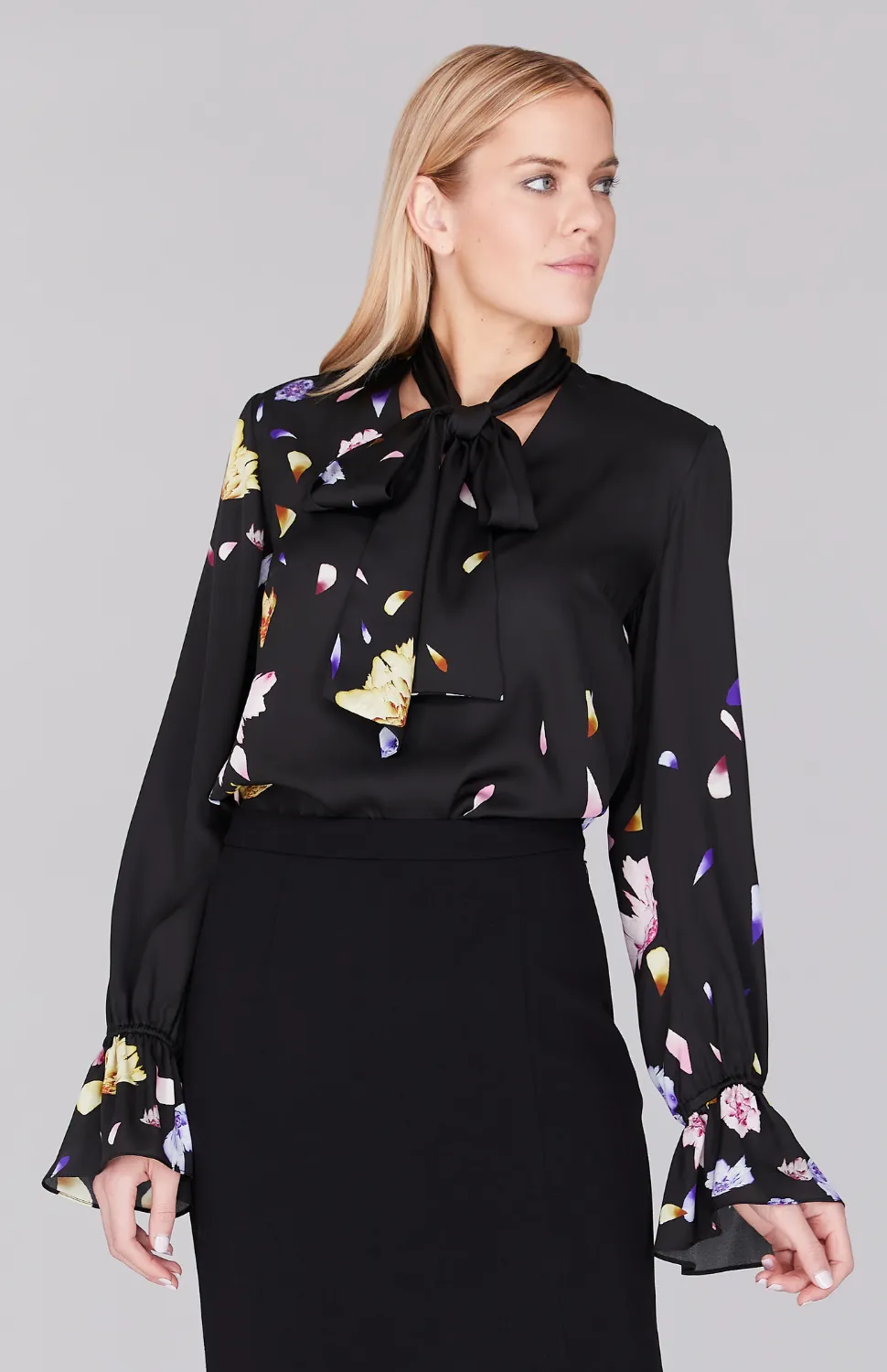 Scattered Blossom V Neck Tie Blouse
