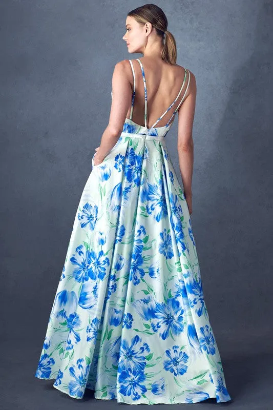 Scoop Neck, Sleeveless A Line Floral Print Dress with pocket