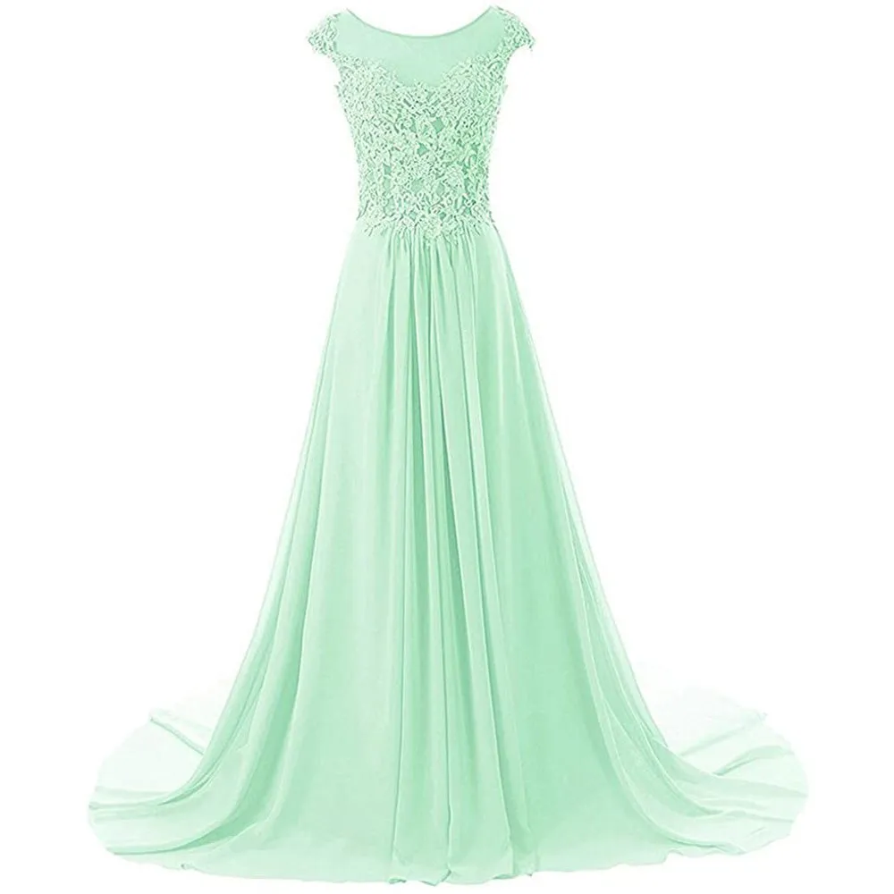 sd-hk Women Lace Bridesmaid Dress Chiffon Prom Dress Cap Sleeve Prom Dresses