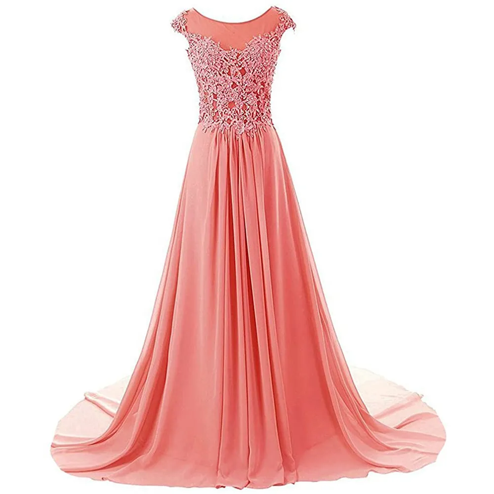 sd-hk Women Lace Bridesmaid Dress Chiffon Prom Dress Cap Sleeve Prom Dresses