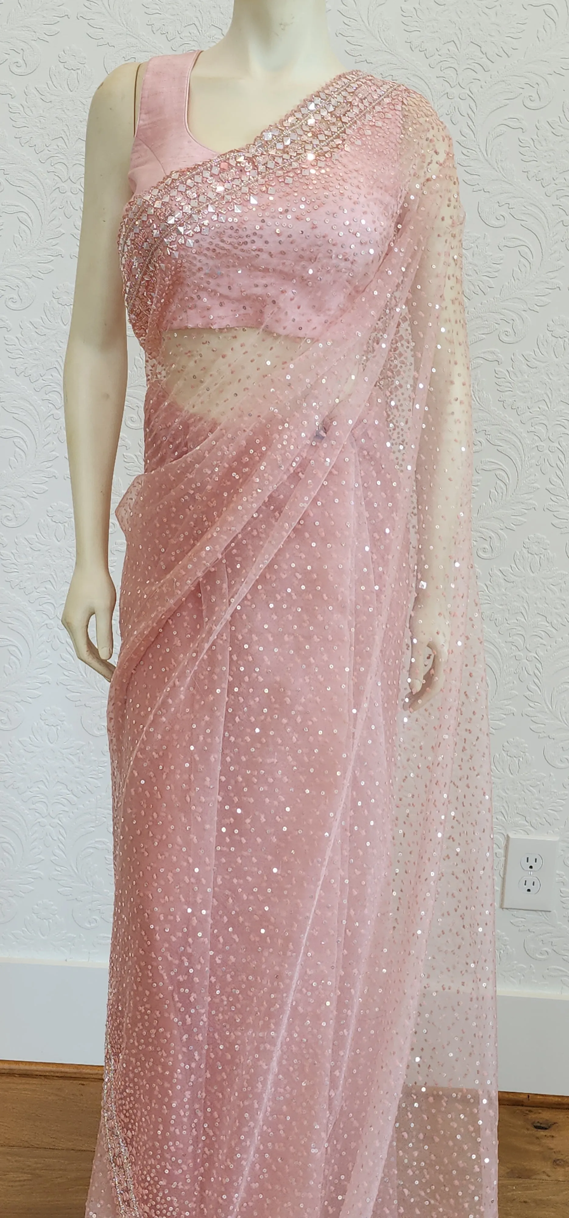 Sequence Organza Saree in Peach W/Custom Blouse.