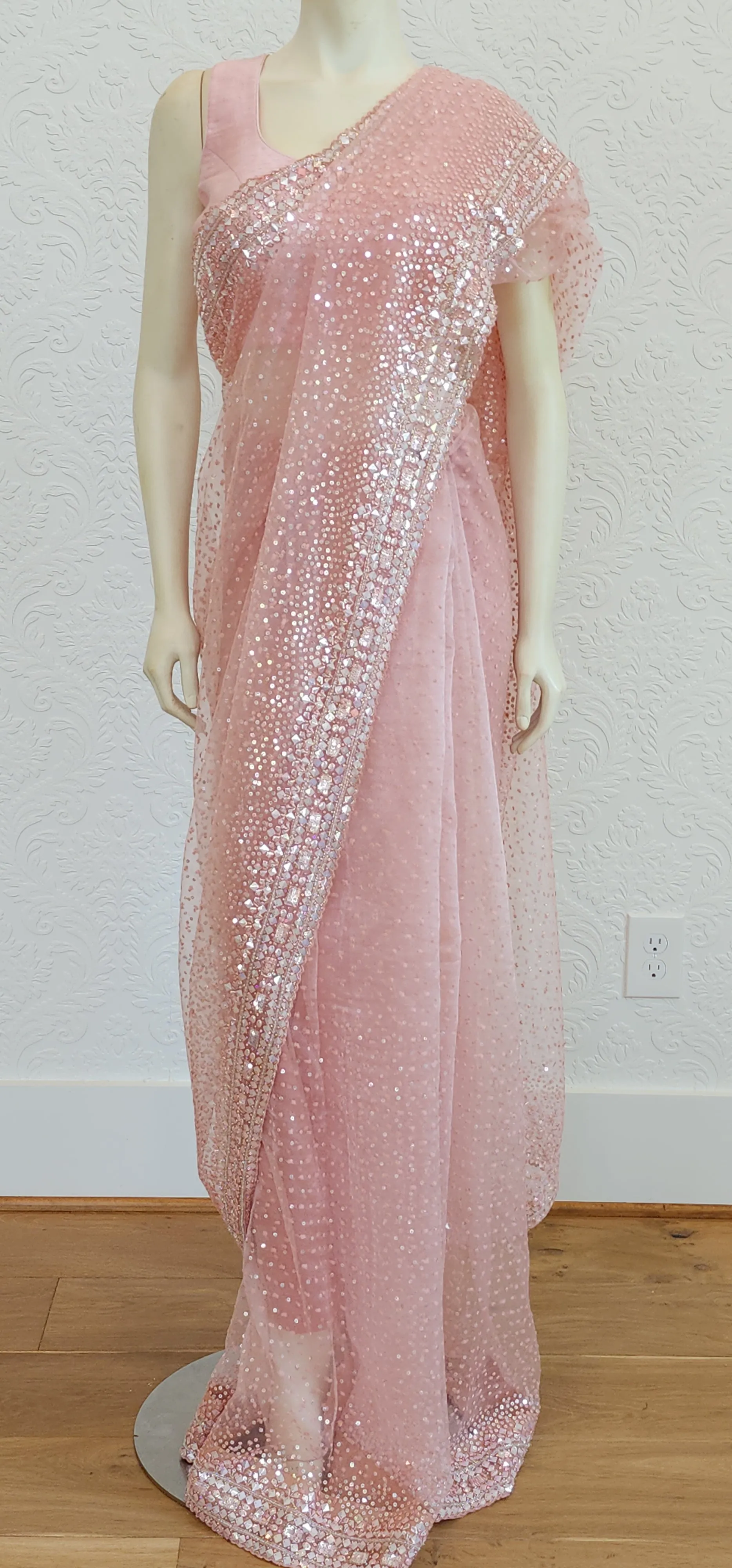 Sequence Organza Saree in Peach W/Custom Blouse.