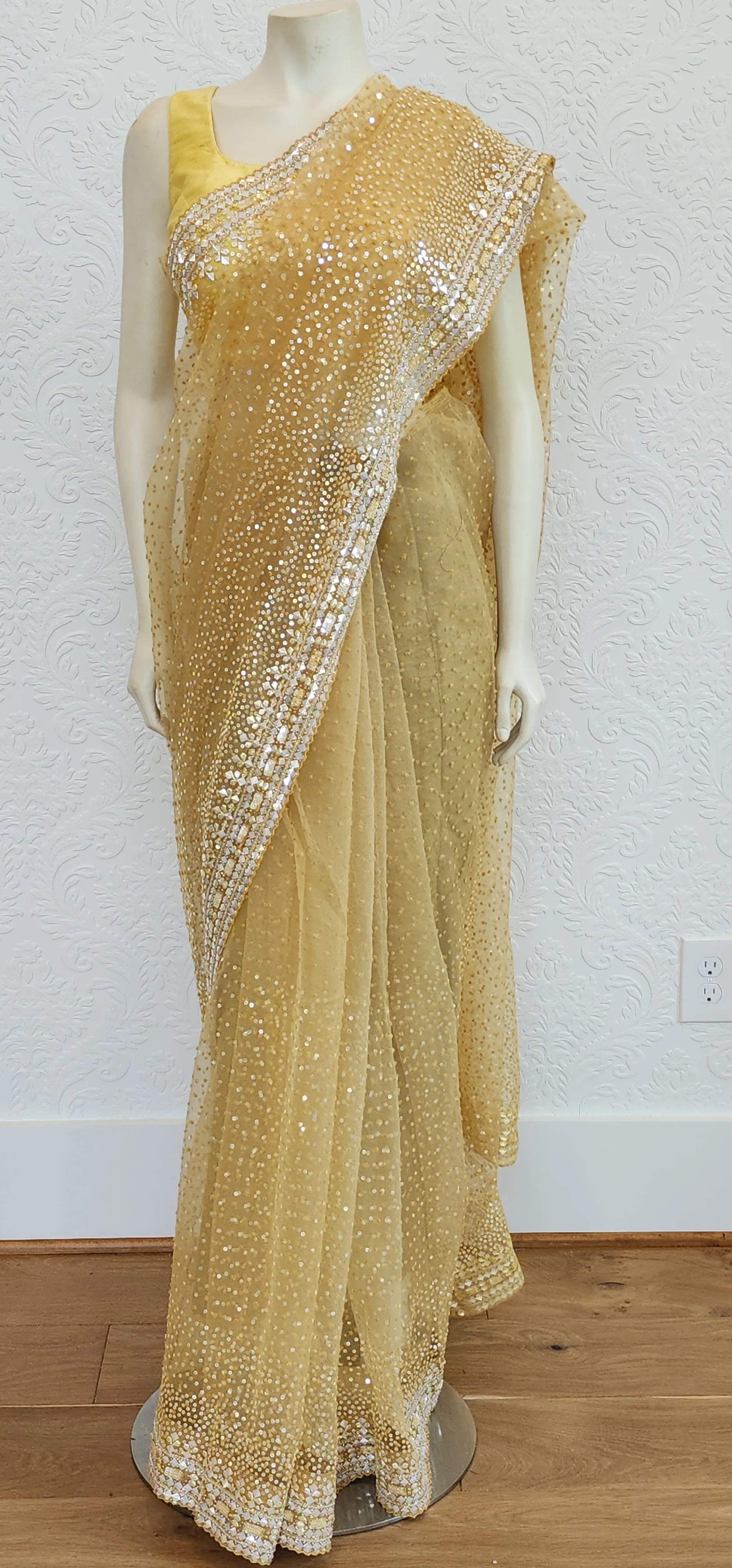 Sequence Organza Saree in Yellow W/ Custom Blouse.