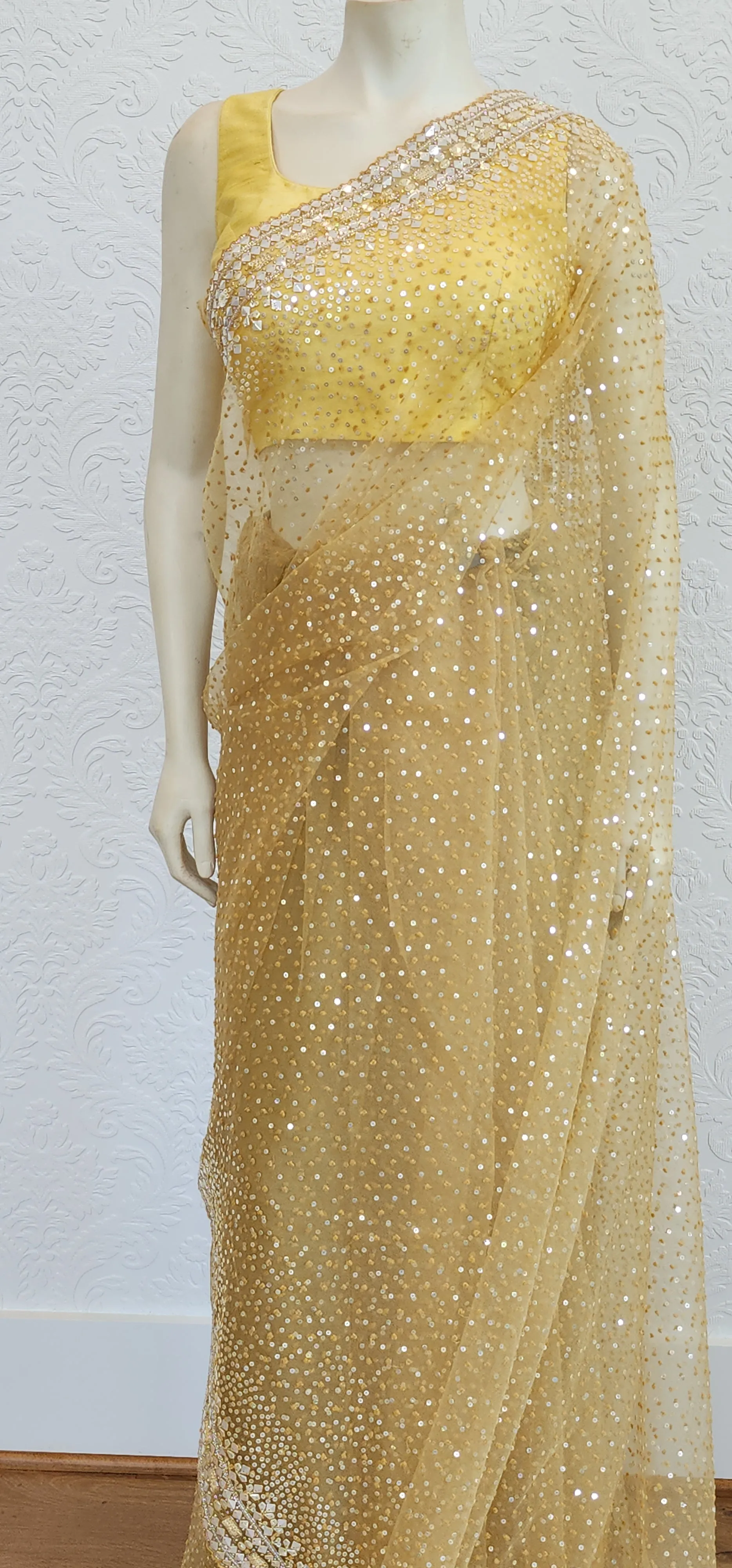 Sequence Organza Saree in Yellow W/ Custom Blouse.