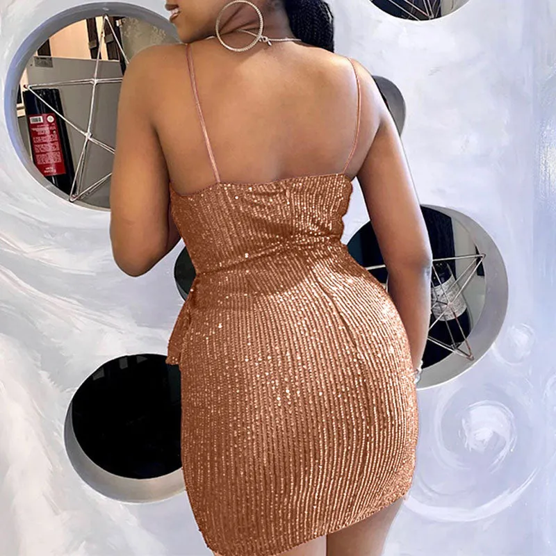 Sequins Deep V-Neck Sleeveless Ruched Mini Dress