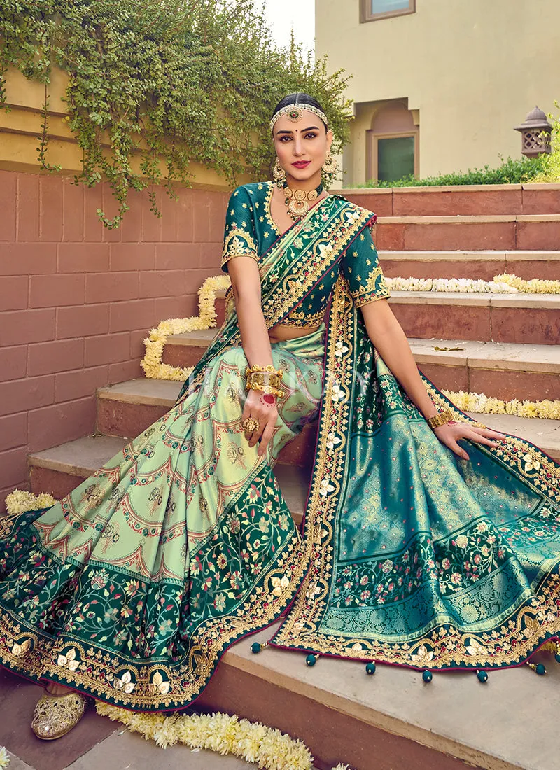 Shaded Turquoise Multi Embroidery Traditional Wedding Saree