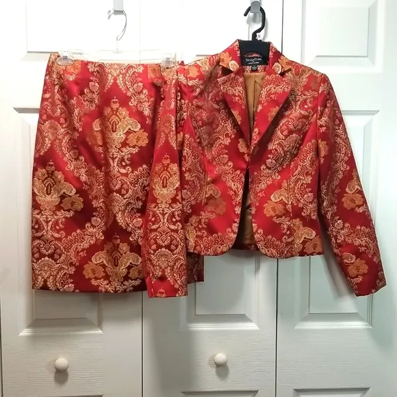 Signature by Larry Levine Red and Gold Brocade Skirt Suit  Size 4