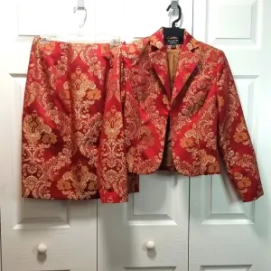 Signature by Larry Levine Red and Gold Brocade Skirt Suit  Size 4