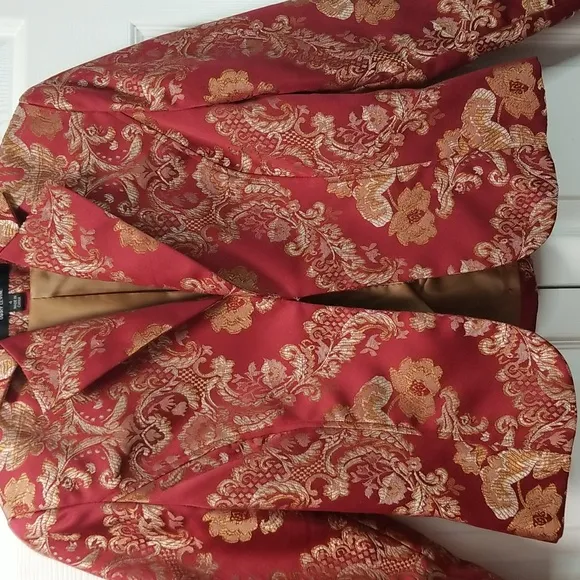 Signature by Larry Levine Red and Gold Brocade Skirt Suit  Size 4
