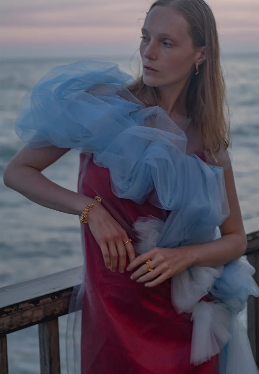 Silk Tulle Wave Shift Dress - Red Slip