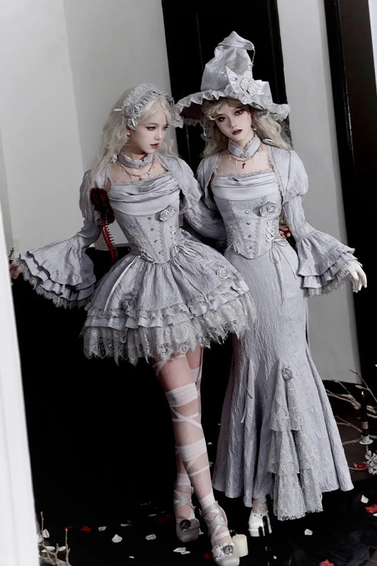 Silver Grey [Twilight] Multi-Layered Ruffle Hollow Lace Gothic Witch Lolita Skirt