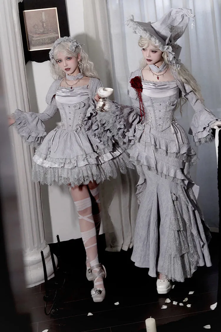 Silver Grey [Twilight] Multi-Layered Ruffle Hollow Lace Gothic Witch Lolita Skirt