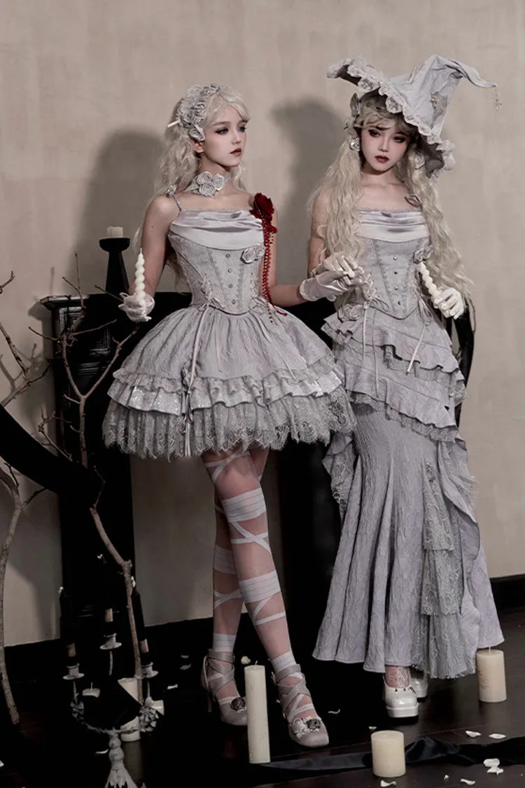 Silver Grey [Twilight] Multi-Layered Ruffle Hollow Lace Gothic Witch Lolita Skirt