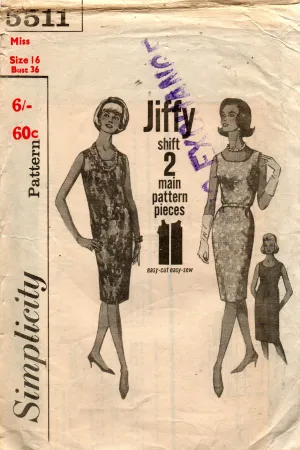 Simplicity 5511 Womens JIFFY Shift Dress 1960s Vintage Sewing Pattern Size 16 Bust 36 inches UNUSED Factory Folded