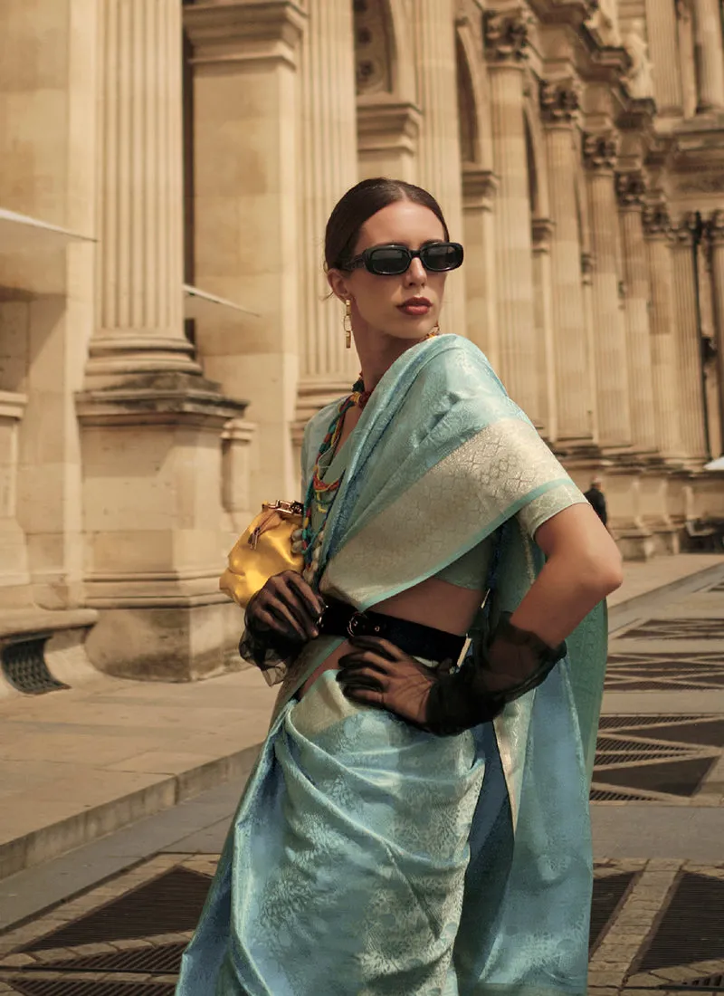 Sky Blue Brocade Weaved Handloom Silk Saree