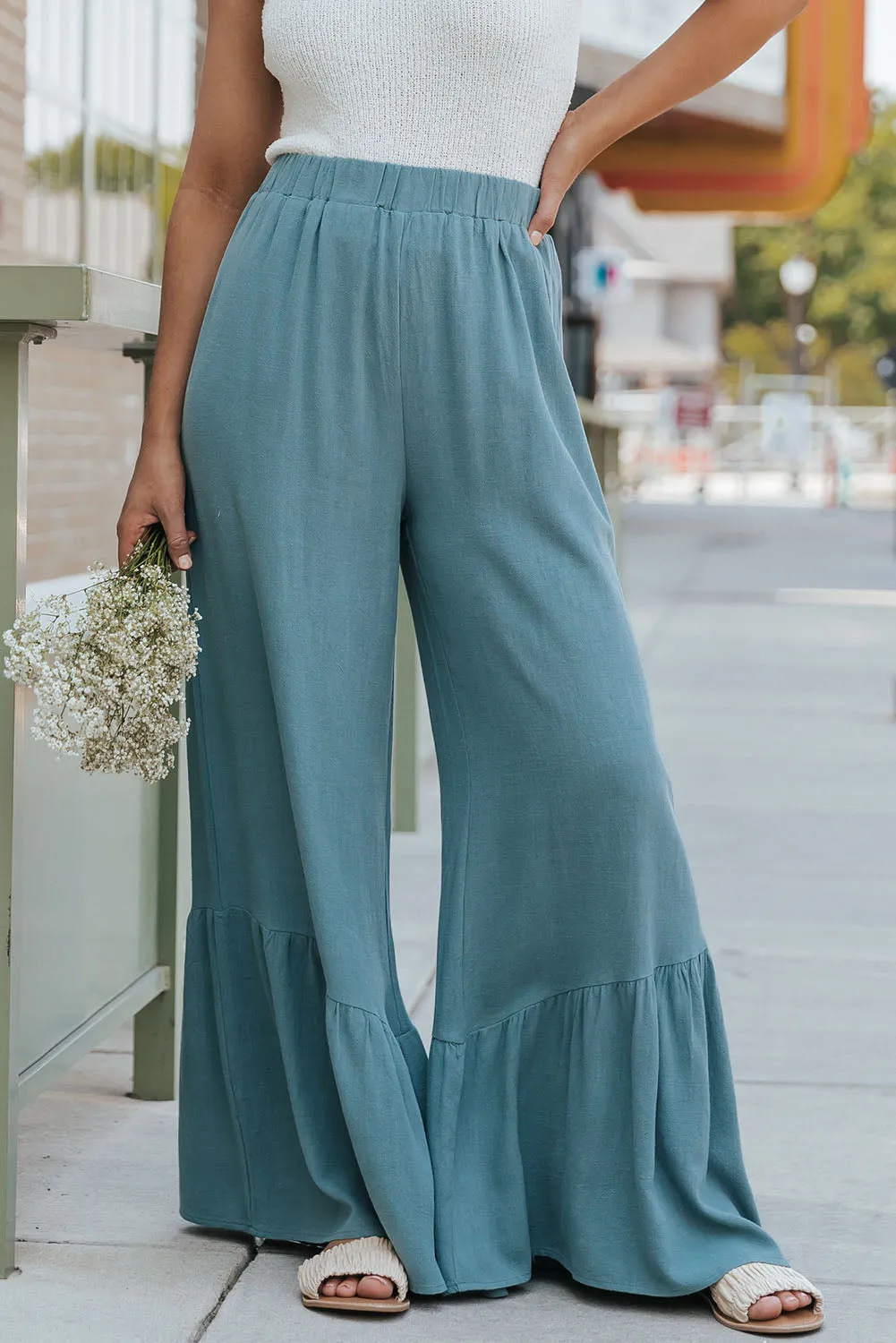 Sky Blue High Waist Ruffled Wide-Leg Pants