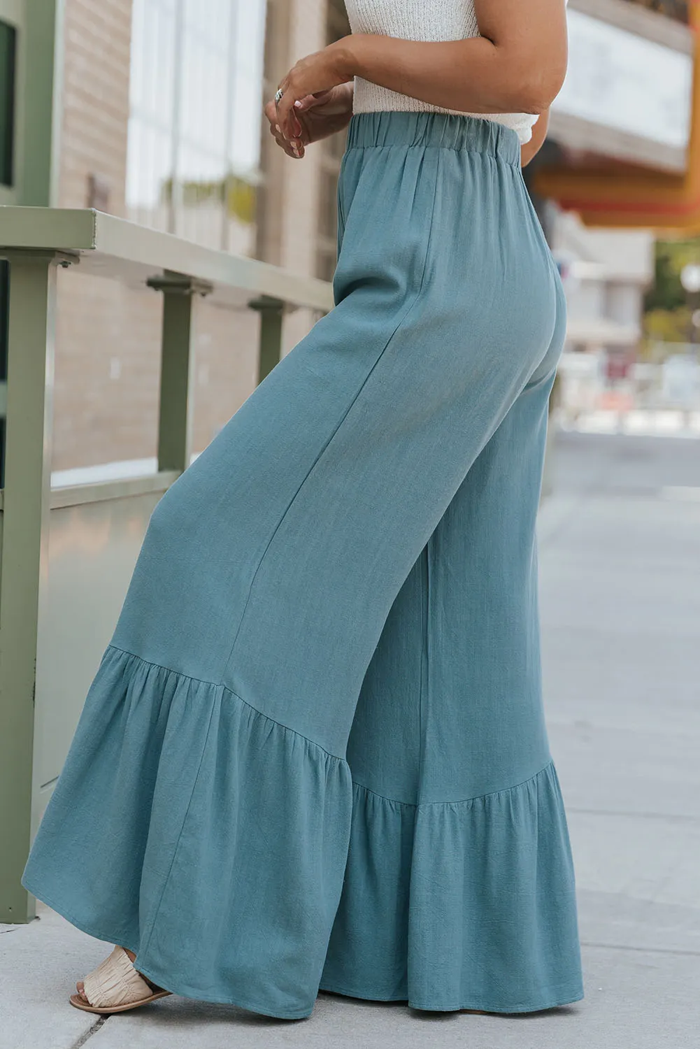 Sky Blue High Waist Ruffled Wide-Leg Pants
