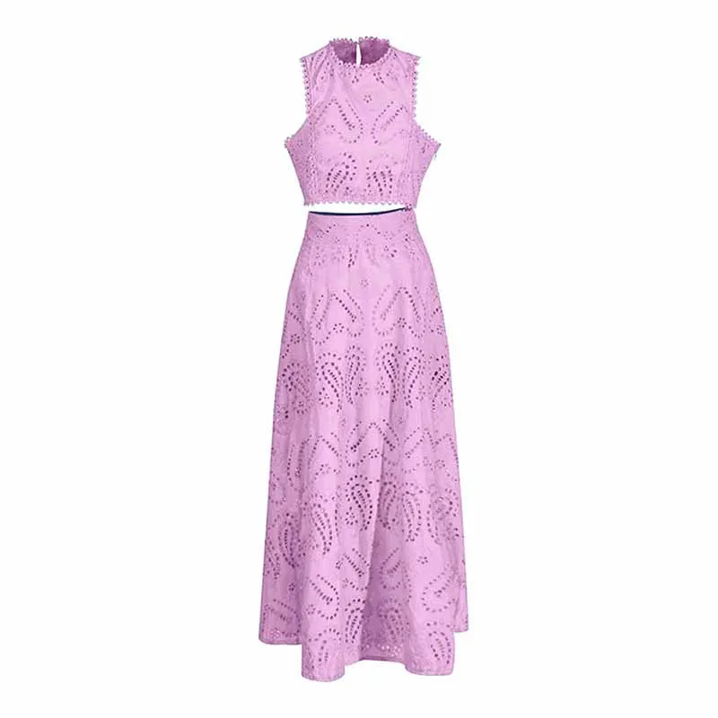 Sleeveless Embroidered Two Piece Long Skirt Suit