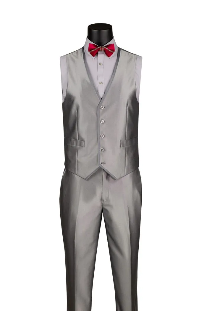 Slim Fit 3 Piece Satin Suit Silver SV2D-1