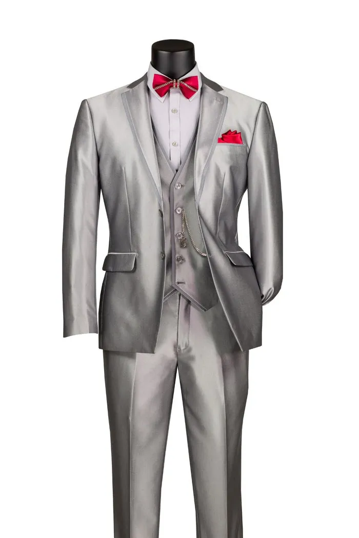 Slim Fit 3 Piece Satin Suit Silver SV2D-1