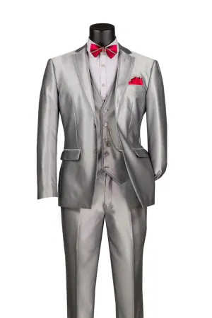 Slim Fit 3 Piece Satin Suit Silver SV2D-1