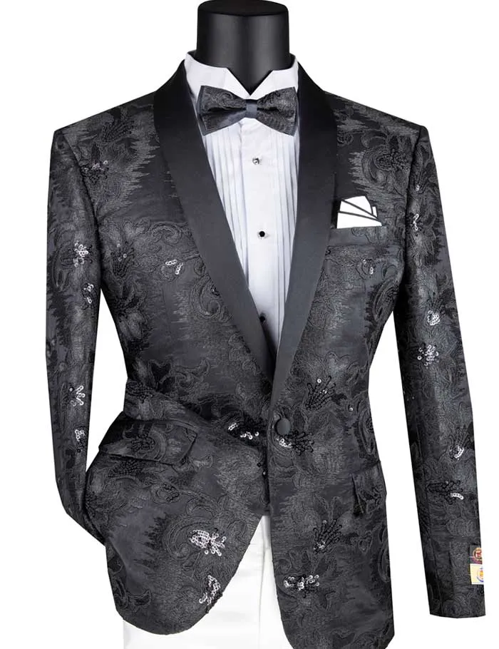 Slim Fit Embroidered Shawl Lapel with Bow Tie Jacket (Black) BSF-13