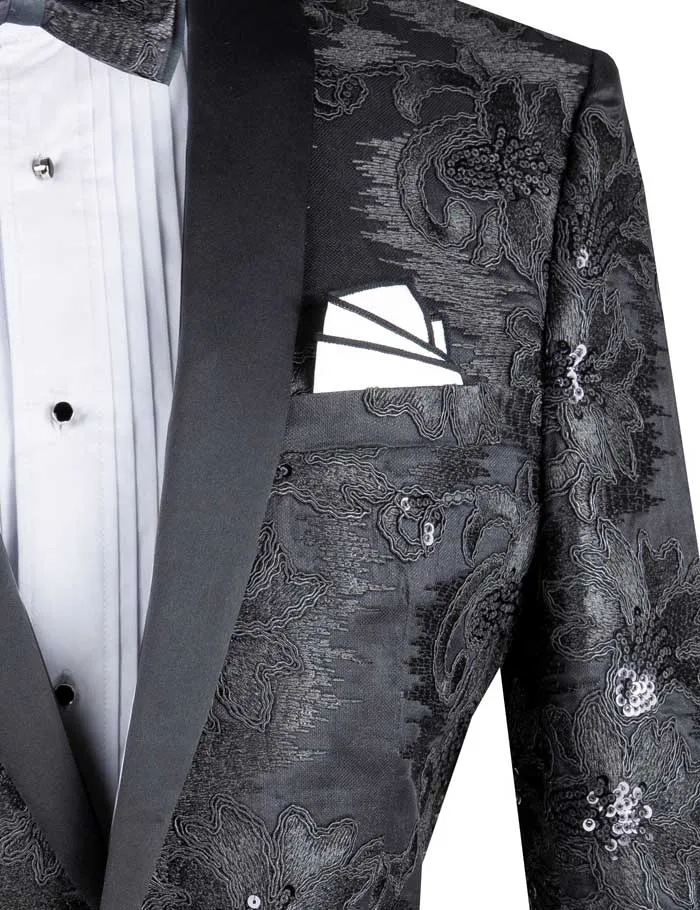 Slim Fit Embroidered Shawl Lapel with Bow Tie Jacket (Black) BSF-13