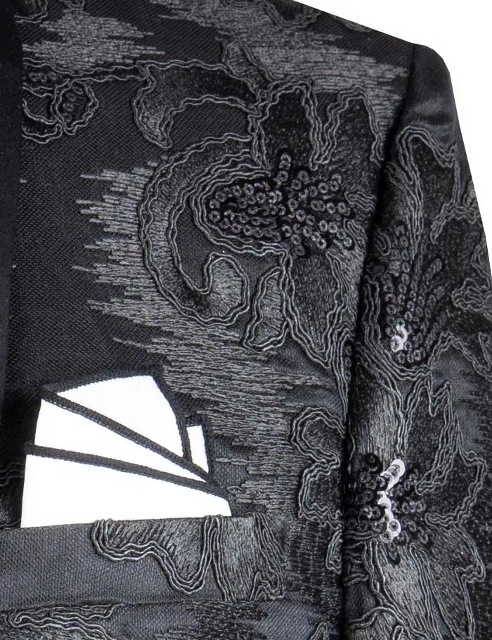 Slim Fit Embroidered Shawl Lapel with Bow Tie Jacket (Black) BSF-13