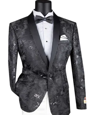 Slim Fit Embroidered Shawl Lapel with Bow Tie Jacket (Black) BSF-13