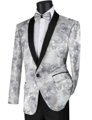 Slim Fit Embroidered Shawl Lapel with Bow Tie Jacket (Silver) BSF-13