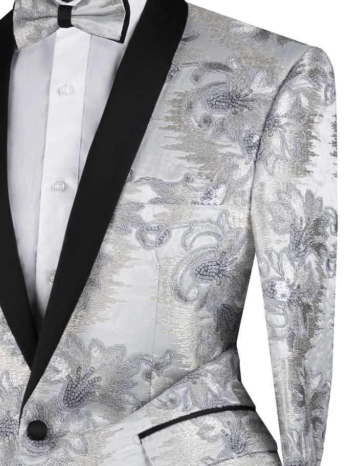 Slim Fit Embroidered Shawl Lapel with Bow Tie Jacket (Silver) BSF-13