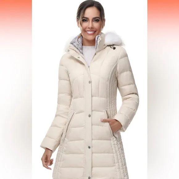 SLOW DOWN Women Winter Down Puffer Coat Warm Hooded Mid-Length Down Jacket