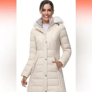 SLOW DOWN Women Winter Down Puffer Coat Warm Hooded Mid-Length Down Jacket