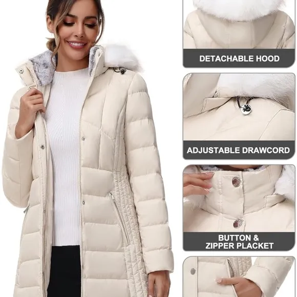 SLOW DOWN Women Winter Down Puffer Coat Warm Hooded Mid-Length Down Jacket